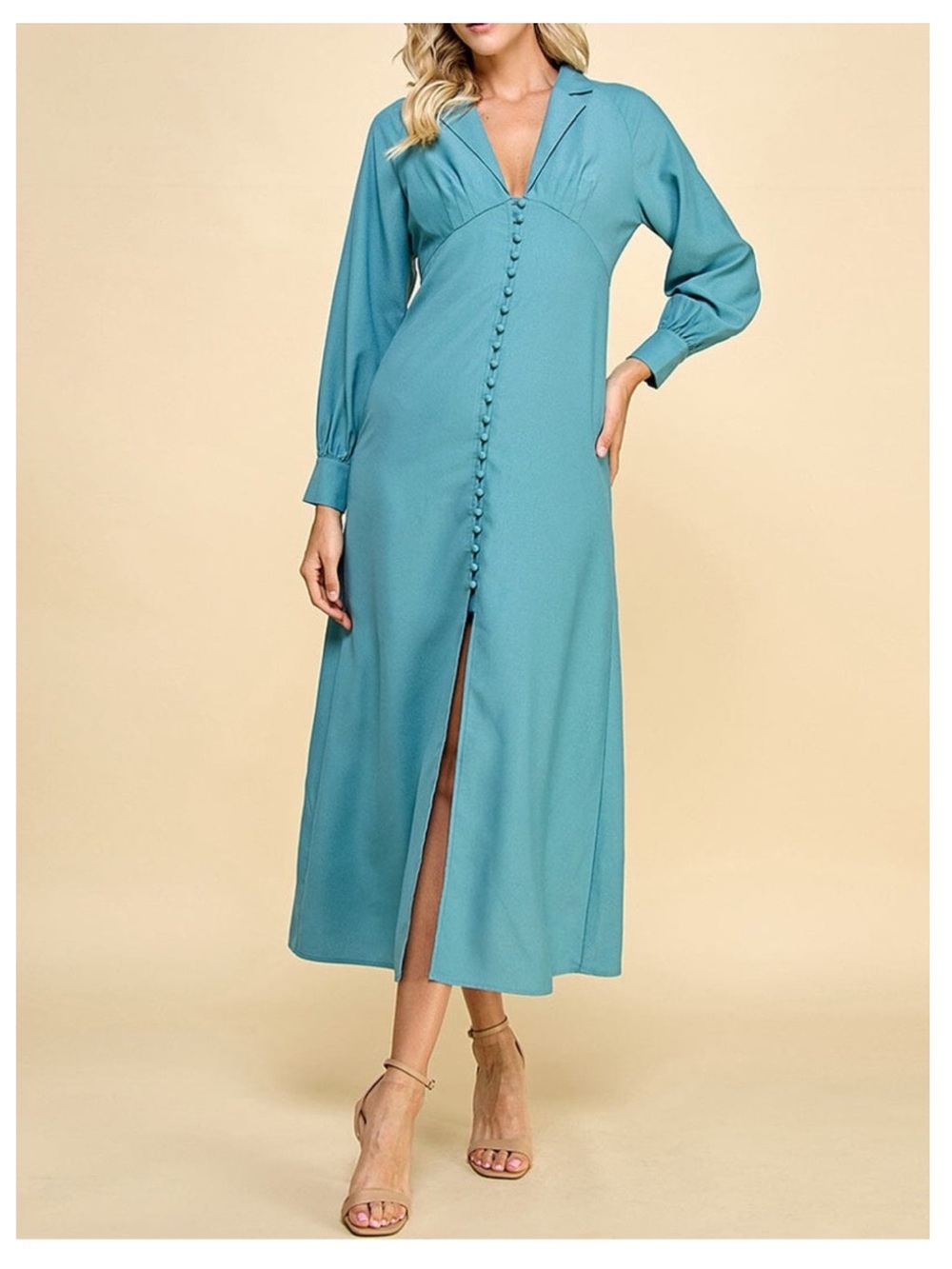 NWT ALANIA Long Sleeve V-Neck Button Front Maxi Dress in Dusty Teal